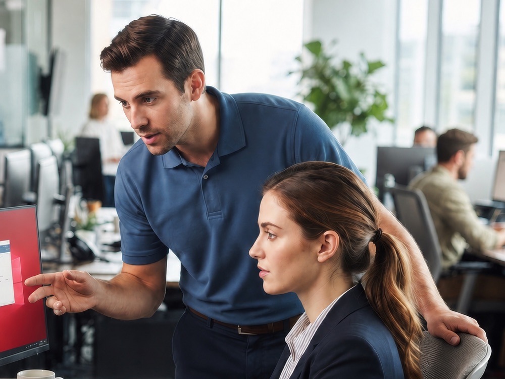 A NetDesk technician helping a colleague at her desk in a bright open-plan office